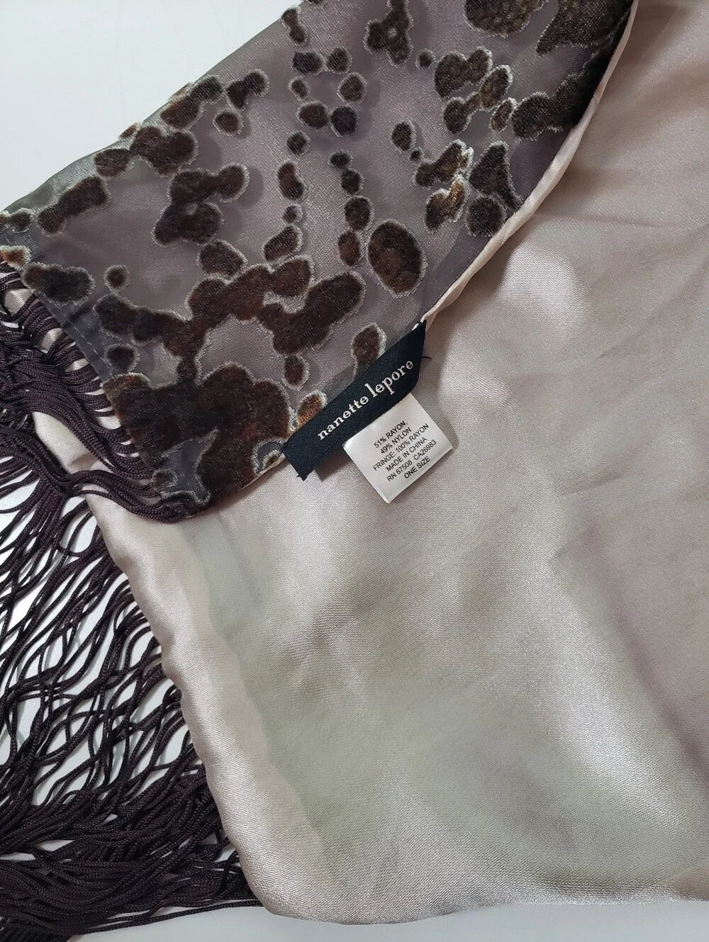 Nanette Lapore Brown Grey Burnout Velvet Abstract Animal Long Fringe Scarf Wrap